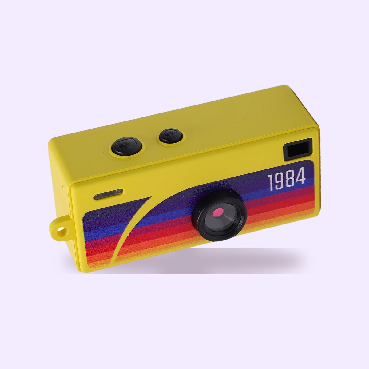 Snapcharm Keychain Digicam in yellow with the retro 1984 rainbow stripe – real photo of the actual camera
