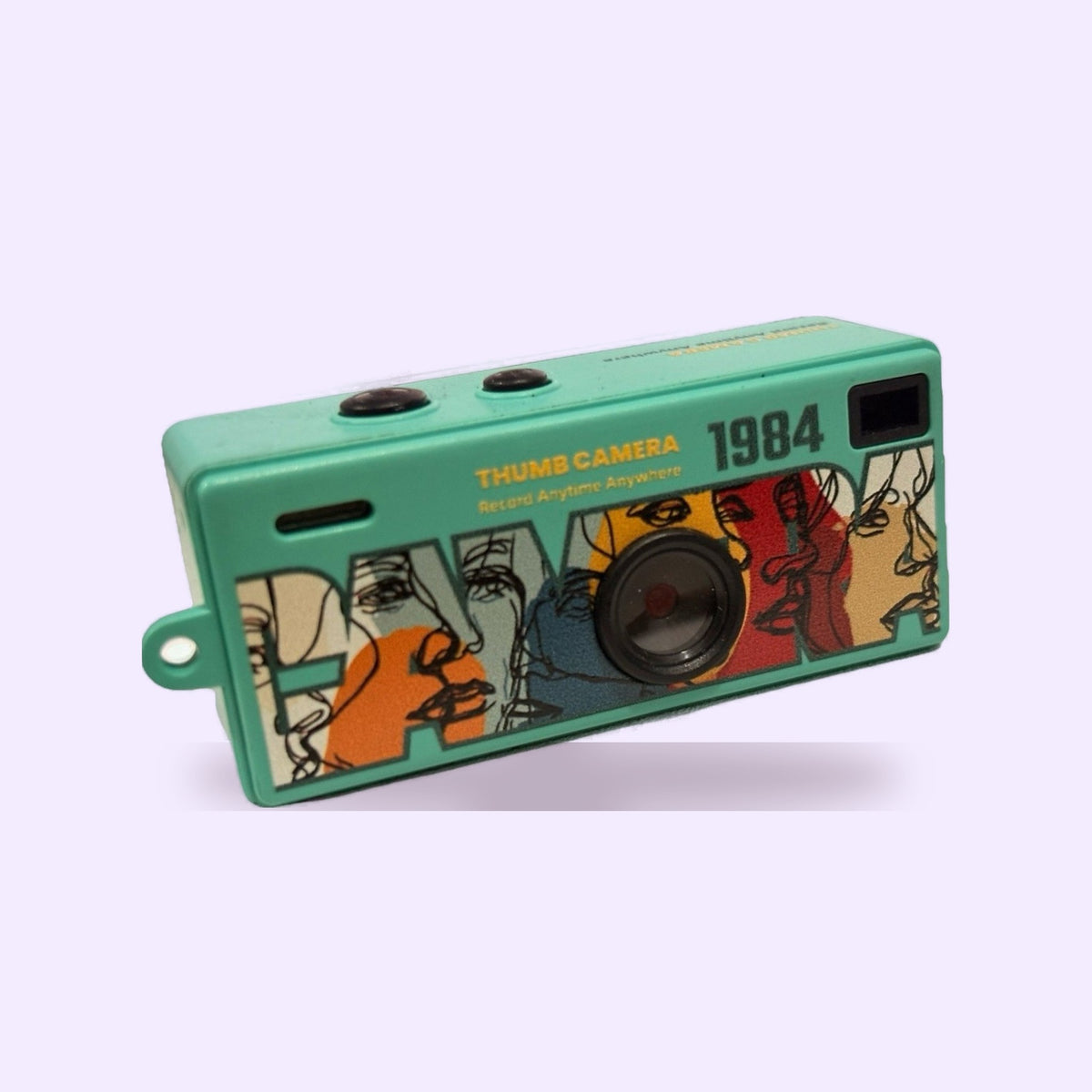 Teal art-print colourway of the Keychain Digicam – designs vary by batch
